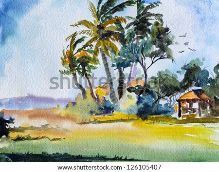 original art, watercolor painting of tropical scene with palm trees