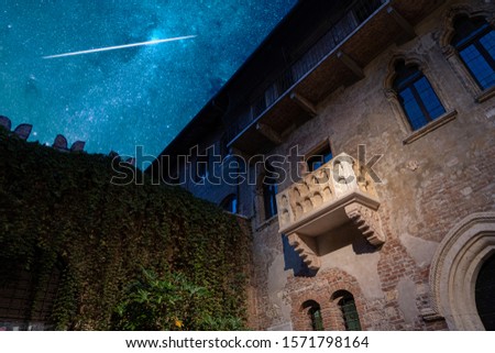 The original balcony of Romeo and Juliet under a stunning starry sky. Verona, Italy. Tragedy by William Shakespeare.