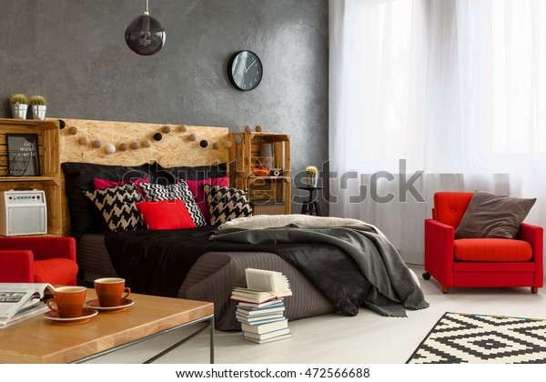 Original Bedroom Design Red Black Decorations Stock Photo