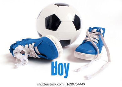 Original Colored Black And White Soccer Ball With Baby Blue Leather Shoes With White Laces, Illustrating Celebration Of New Born Child