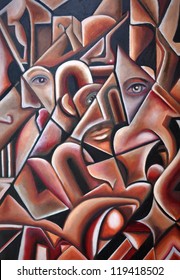 An original cubism artwork piece with geometric black lines and shades of red and brown with hidden eyes and faces.