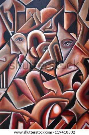 An original cubism artwork piece with geometric black lines and shades of red and brown with hidden eyes and faces.