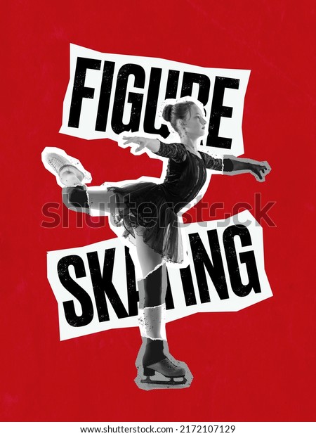 Original\
dance. Creative poster with bw portrait of little female figure\
skater on red background with lettering. Concept of movement,\
sport, beauty. Magazine style poster\
graphics