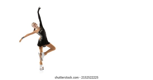 Original Dance. Portrait Of Little Flexible Girl, Figure Skating Wearing Stage Attire Posing Isolated On White Backgound. Graceful And Weightless. Concept Of Movement, Sport, Beauty. Flyer