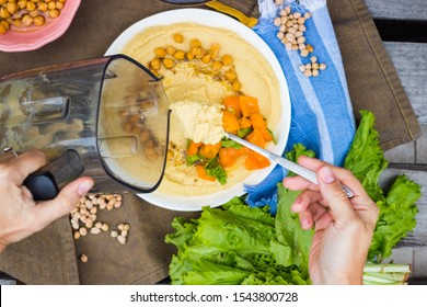 Original Homemade Arabic Chickpea Hummus With Olive Oil And Cumin. Creamy Dip Paste. Blender Or Food Processor With Made Hummus Paste.