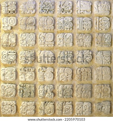 Original Mayan glyphs from the archaeological zone of Palenque Chiapas. Stucco high relief.