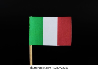 A Original And Official Flag Of Italy On Toothpick On Black Background. 	A Vertical Tricolour Of Green, White And Red.