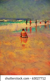 Original Oil Painting Of Gold Coast Surfers Paradise Beach People