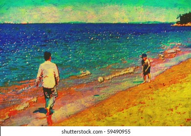 original painting of father and son playing soccer on beach - Powered by Shutterstock