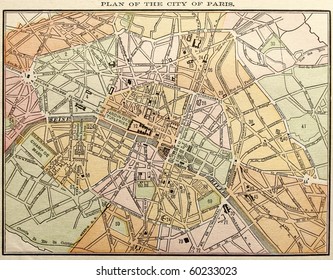 Original Paris city map, colored, dated 1889.