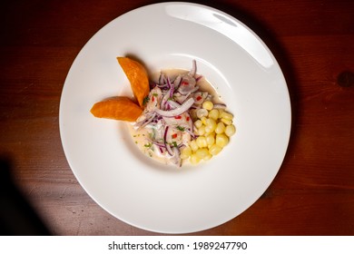 Original Peruvian Ceviche Recipe On An Elegant Plate Viewed From Above