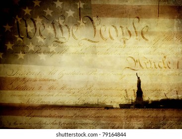 Original photographs of the Statue of Liberty and an old American flag layered with an image of the U.S. Constitution and textured with layers of worn paint. - Powered by Shutterstock