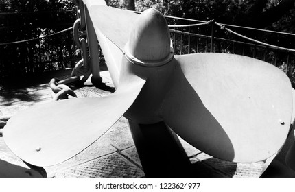 An original propeller of a container ship placed on the road
