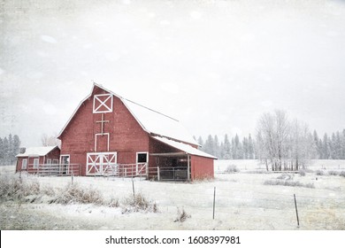 Original textured vintage style photograph of an old red barn on a winter day in snow - Powered by Shutterstock