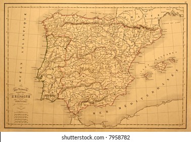 Original vintage map of Spain and Portugal printed in 1850.