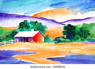 Original Watercolor Painting Of Barn And Colorful Countryside