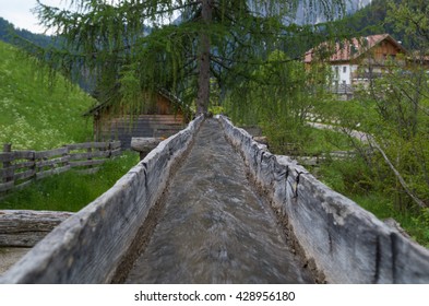 Original Wooden Irrigation Water Channel Of A Mill In Italy