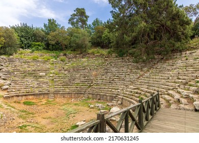 The originally Hellenistic theatre from the 1st century BC leans against the hill of the Acropolis in Phaselis, Near Kemer in Turkey.