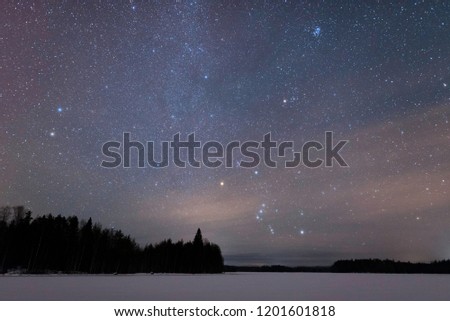 Orion constellation above frozen lake