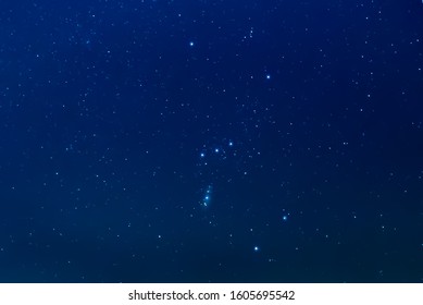 Orion constellation as it was late  December 2019 with a dim Betelgeuse. The main stars of Orion is brightened post-photo.