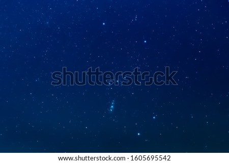 Orion constellation as it was late  December 2019 with a dim Betelgeuse. The main stars of Orion is brightened post-photo.