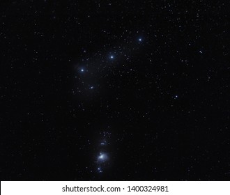 The Orion constellation with the Orion Nebula and some of the flame nebula visible near Orions Belt