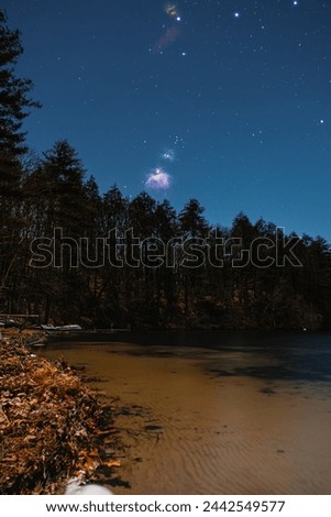 The Orion Nebula above the edge of a sandy New England Lake. The Flame, Horsehead, and Running Man Nebula are also visible as well the stars in Orion's Belt. The moon is illuminating the forested lake