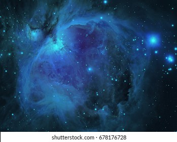The Orion Nebula in Arts (M42) is a diffuse nebula situated south  of Orion's Belt in the constellation of Orion. It is one of the brightest nebulae,Add color to shades of blue.