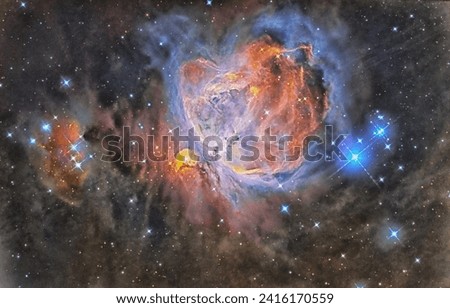 The Orion Nebula  is a diffuse nebula situated in the Milky Way, being south of Orion's Belt in the constellation of Orion and is known as the middle star in the sword of Orion. 
Telescope Artec 200