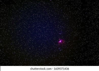 The Orion Nebula  in the night sky.The Orion Nebula is a diffuse nebula situated in the Milky Way, being south of Orion's Belt in the constellation of Orion.
