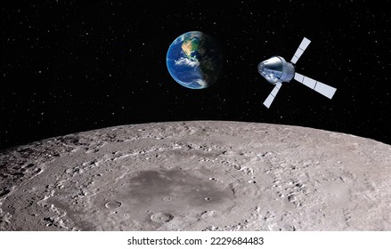 Orion spacecraft flight in space on orbit of moon "Elements of this image furnished by NASA"
