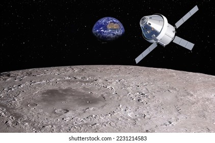 Orion spacecraft flight in space on orbit of moon. "Elements of this image furnished by NASA