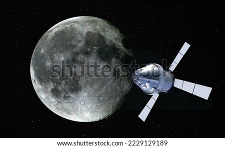 Orion spacecraft flight in space on orbit of moon. 