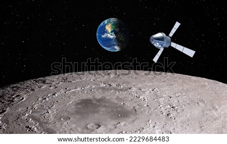 Orion spacecraft flight in space on orbit of moon 