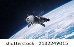Orion spacecraft flight in space Spaceship on orbit of Earth. Sci-fi wallpaper. Artemis space program. Expedition to Moon. Spaceship with astronauts. Elements of this image furnished by NASA 