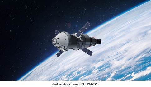 Orion spacecraft flight in space Spaceship on orbit of Earth. Sci-fi wallpaper. Artemis space program. Expedition to Moon. Spaceship with astronauts. Elements of this image furnished by NASA  - Shutterstock ID 2132249015
