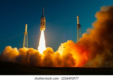 Orion spacecraft launch test in Cape Canaveral, Florida. Rocket launch with smoke debris. Elements of this image furnished by NASA.  - Powered by Shutterstock