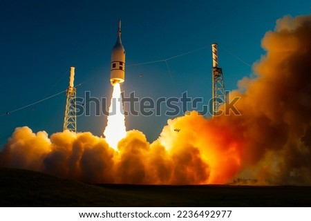Orion spacecraft launch test in Cape Canaveral, Florida. Rocket launch with smoke debris. Elements of this image furnished by NASA. 