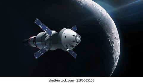 Orion spacecraft near Moon surface. Spaceship in deep space. Artemis space mission. Future. Elements of this image furnished by NASA
				
