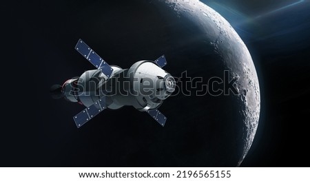 Orion spacecraft near Moon surface. Spaceship in deep space. Artemis space mission. Future. Elements of this image furnished by NASA
