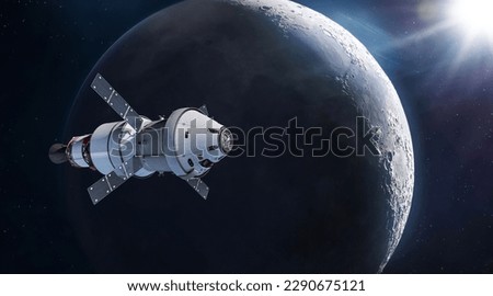Orion spacecraft on orbit of Moon. Spaceship of Artemis mission with astronauts near Moon surface. Exploration of our satellite. Return on Moon. Elements of this image furnished by NASA