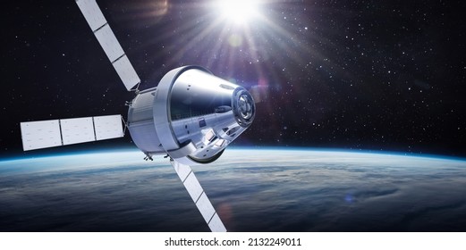 Orion spacecraft in space. Spaceship on orbit of Earth. Sci-fi wallpaper. Artemis space program. Expedition to Moon. Space shuttle with astronauts. Elements of this image furnished by NASA 