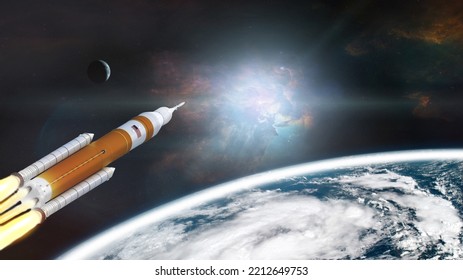 Orion Spacecraft Take Off Mission From Earth Planet. Artemis Space Program.  Elements Of This Image Furnished By NASA.