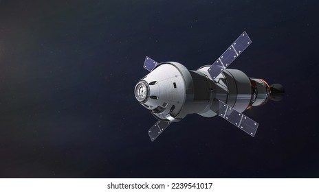 Orion spaceship mission. Flight to Moon. Artemis program spacecraft. Shuttle with astronauts in deep space. Elements of this image furnished by NASA