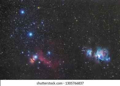 Orion's belt in the winter sky, stars Alnitak, Alnilam, Mintaka, Horsehead Nebula, Orion Nebula