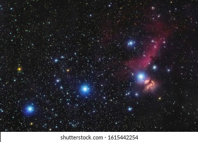 Orion's belt in the winter sky, stars Alnitak, Alnilam, Mintaka, Horsehead Nebula, Orion Nebula