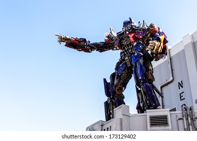ORLANDO- DECEMBER 19 2013: The statue of Optimas Prime robot at Universal Studios  in Orlando USA. Optimus Prime is a character from the Transformers franchise.