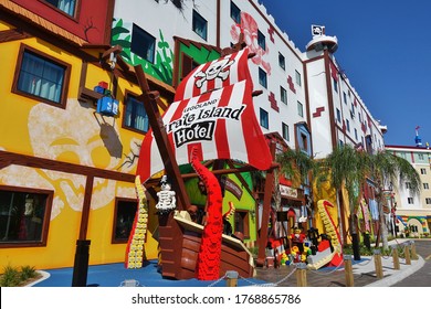 ORLANDO, FL -20 JUN 2020- View Of An On-site Hotel At The Legoland Florida Resort Theme Park In Orlando, Florida, Shaped With Lego Minifigures.