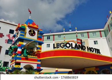 ORLANDO, FL -20 JUN 2020- View Of An On-site Hotel At The Legoland Florida Resort Theme Park In Orlando, Florida, Shaped With Lego Minifigures.