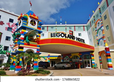 ORLANDO, FL -20 JUN 2020- View Of An On-site Hotel At The Legoland Florida Resort Theme Park In Orlando, Florida, Shaped With Lego Minifigures.